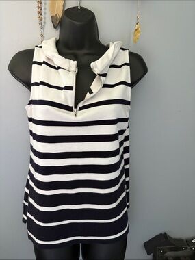 Talbots Black & White Striped Zip-Front Tank